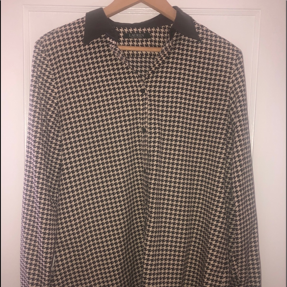 Ralph Lauren blouse faux leather @ collar & wrists